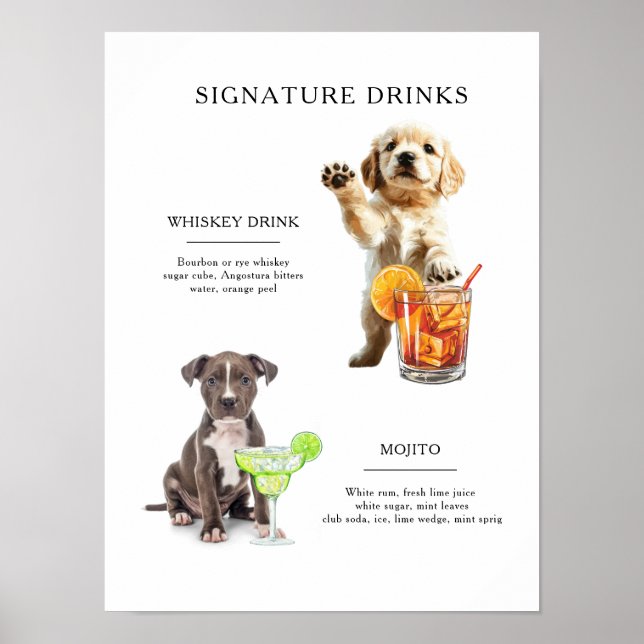 Poster Menu Dog Signature Beber Bar de Casamento (Frente)