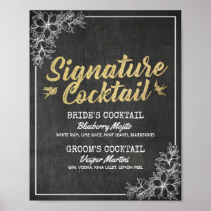 Poster Menu Drink de Assinatura de Casamento Floral de Ch