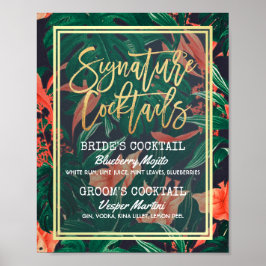 Pôster Menu Drink de Assinatura de Casamento Floral Tropi