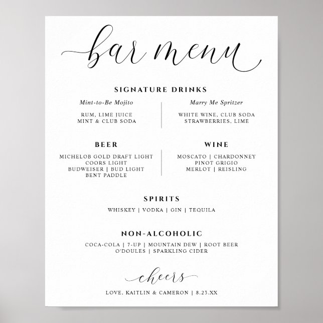 Poster Menu Drinks de Bar de Casamento Bebidas de Assinat (Frente)