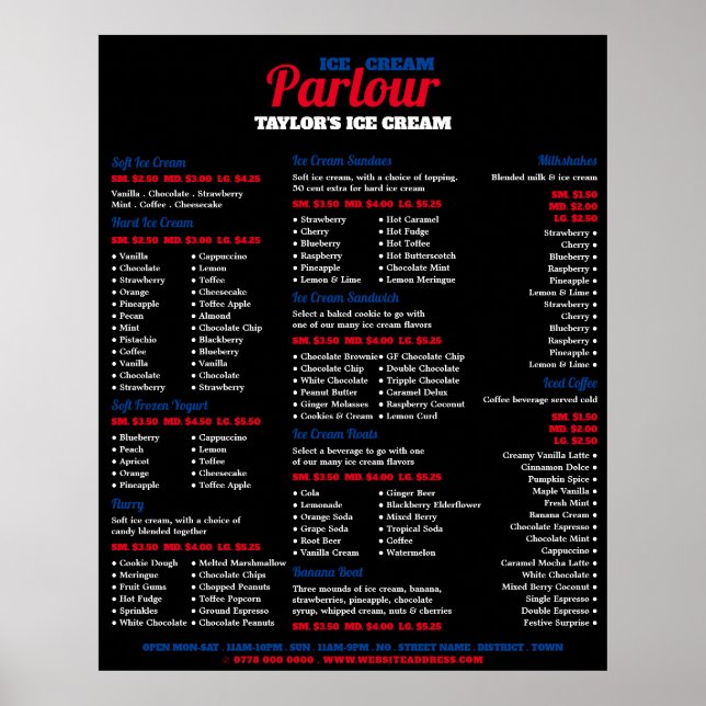 Poster Menu Moderno de Parlor do Sorvete (Frente)