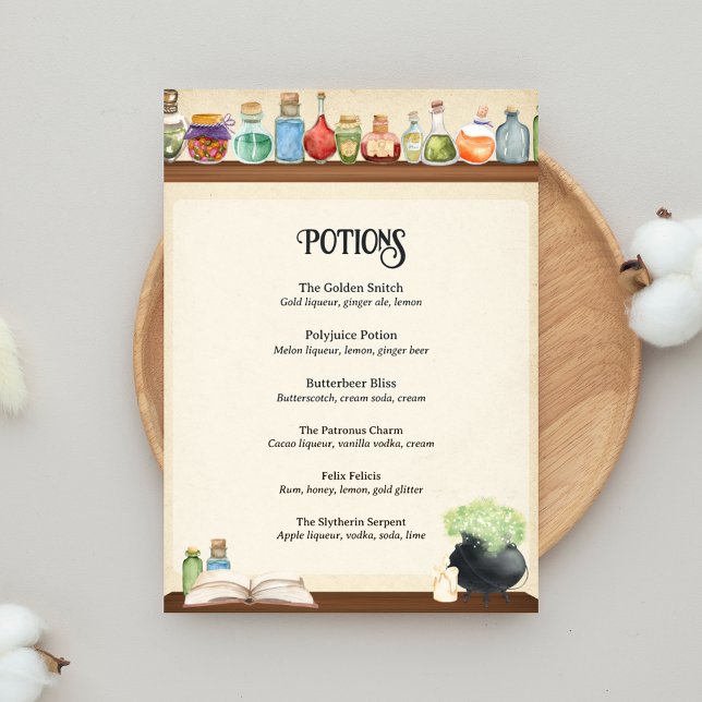 Poster Menu Potions do Menu do Assistente do Partido Bebi (Wizard Party Bar Menu for Wizard School Party)