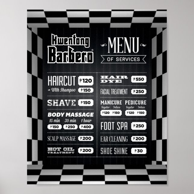 Poster Menu Preto e Branco Barber (Frente)