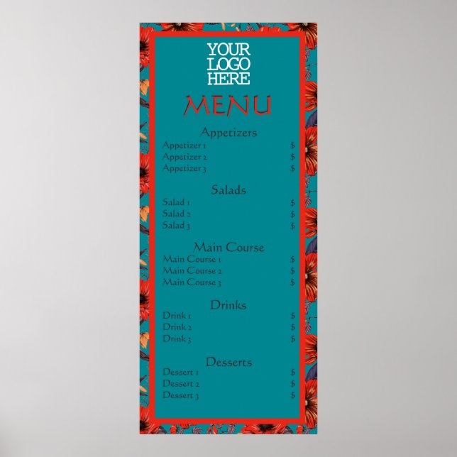 Poster Menu Restaurante do Café Floral Red Teal (Frente)