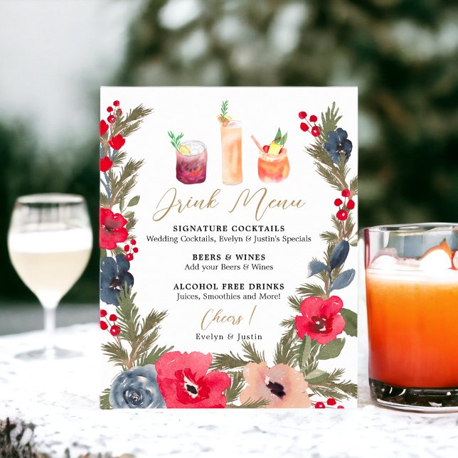 Poster Menu Rustic Winter Floral Watercolor (Rustic Winter Floral Watercolor Wedding Drink Menu Poster)