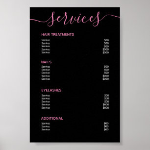 Poster Menu Serviço Lista de Preços do Salão Cor-de-Ro