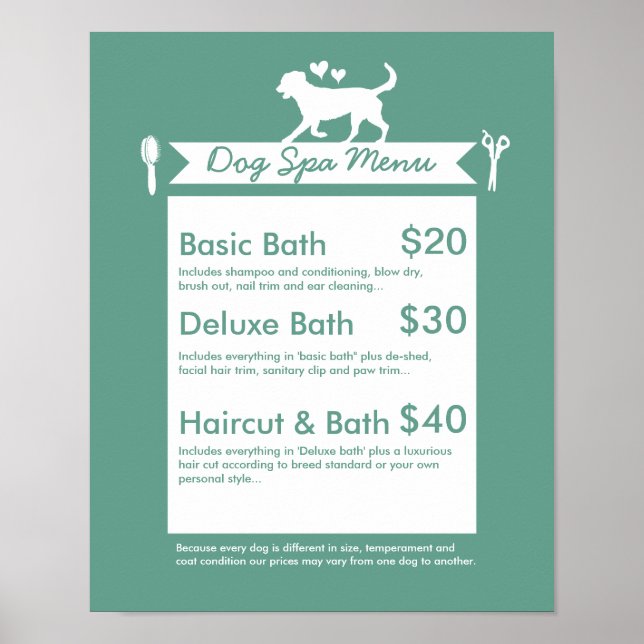 Pôster Menu Spa de Agrupamento de Cães - Personalizável (Frente)
