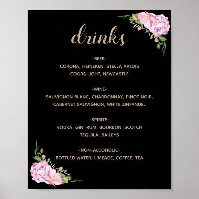 Poster Menu Tic Black Pink Roses Drinks (Frente)