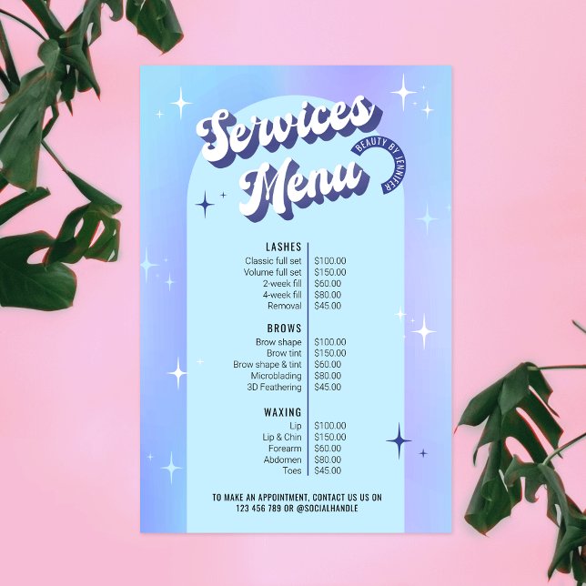 Poster Menu Trendy Retro Blue Holographic Salon Services (Retro style price list poster / digital menu featuring groovy fonts and trendy blue design)