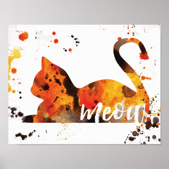 Pôster Meow Watercolor - Laranja, Preto, Amarelo (Frente)