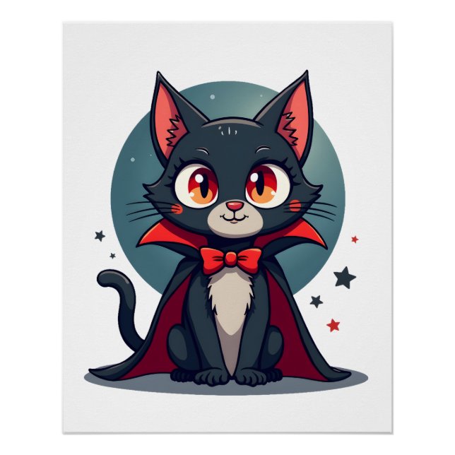 Pôster Meowcula Gato Engraçado Vampiro Drácula Halloween (Frente)