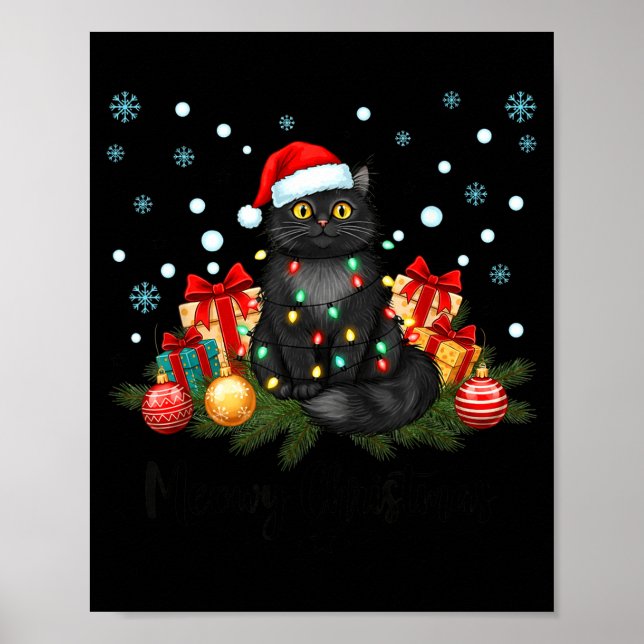 Poster Meowy Christmas Black Cute Cat Santa Hat Xmas Wome (Frente)