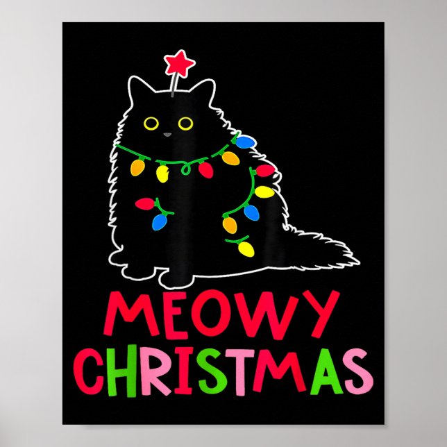 Poster Meowy Christmas Xmas Lights Black Cat Pajamas Fami (Frente)