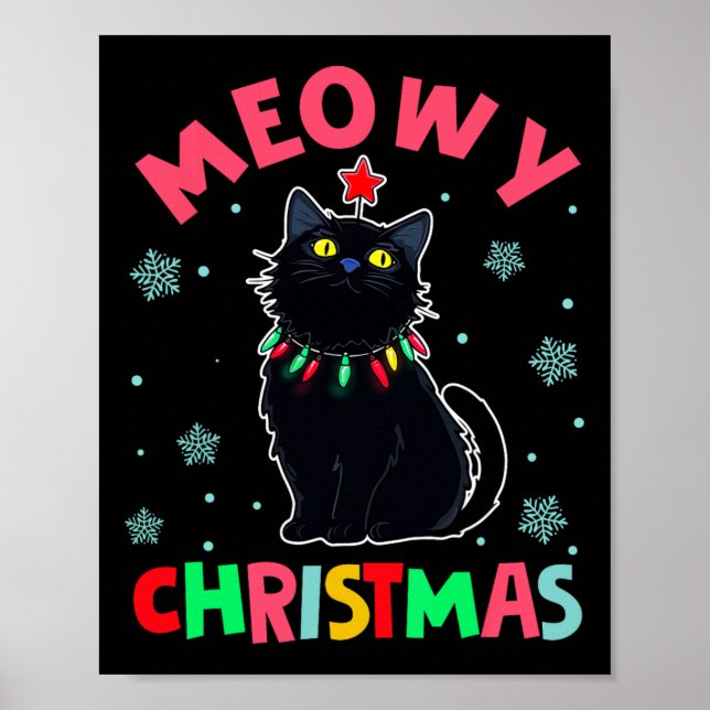 Poster Meowy Natal Xmas Luz Negra Gato Pijamas Fami (Frente)