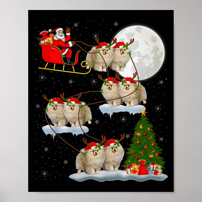 Poster Meranian Dog Santa Sleigh Flying Funny Magical Chr (Frente)