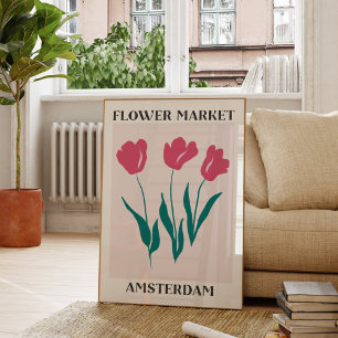 Poster Mercado de Flores Amsterdam Tulipas Rosa Floral