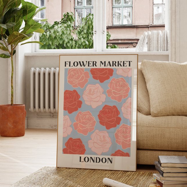 Poster Mercado de Flores Londres Rosas Florais Rosa Bege  (In situ Living room)