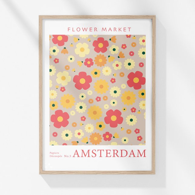 Poster Mercado de Flores Retro Amesterdã Flores Amarelas  (Retro Flower Market Amsterdam Red Yellow Flowers Poster in a wooden frame on a sunny white wall.)