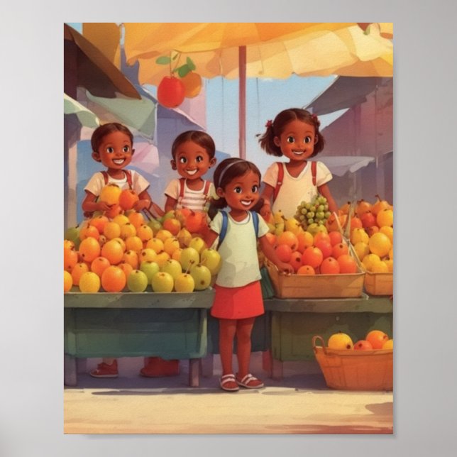 Poster Mercado de frutas de Caribe com crianças (Frente)