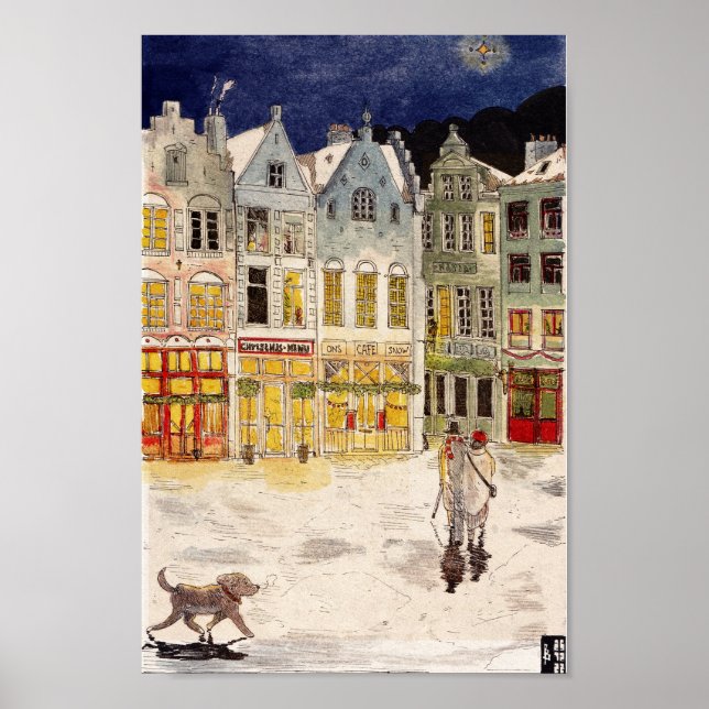 Poster Mercado de Natal Bélgica Aquarela com inspiração r (Frente)