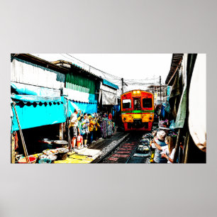 Poster Mercado ferroviário Mae Klong em Bangkok, Tailândi