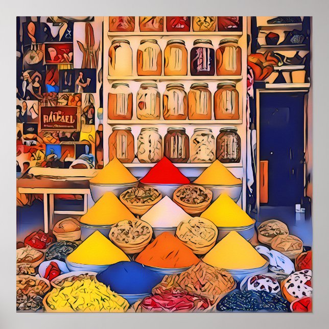 Poster Mercado marroquino de especiarias, cozinha vibrant (Frente)