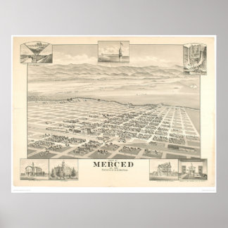 Pôster Merced, CA. Mapa Panorâmico 1888 (1062A)