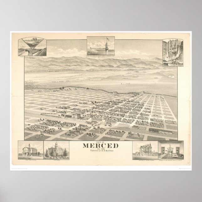 Pôster Merced, CA. Mapa Panorâmico 1888 (1062A) (Frente)