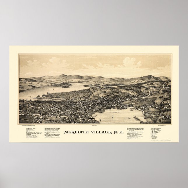 Pôster Meredith, Mapa Panorâmico NH - 1889 (Frente)