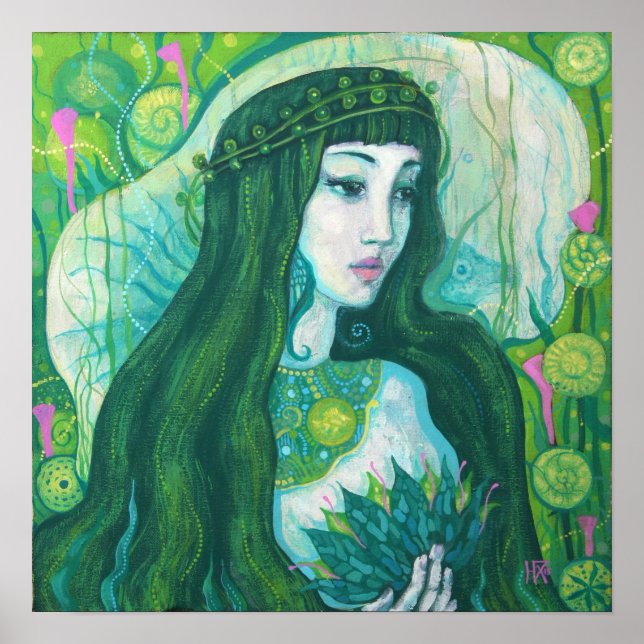 Poster Mereia Verde Fantasia Surreal Arte Submarina (Frente)