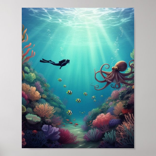 Poster Mergulhador detecta uma criatura marinha (Frente)