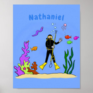 Poster Mergulhador engraçado e criaturas de peixes, dese