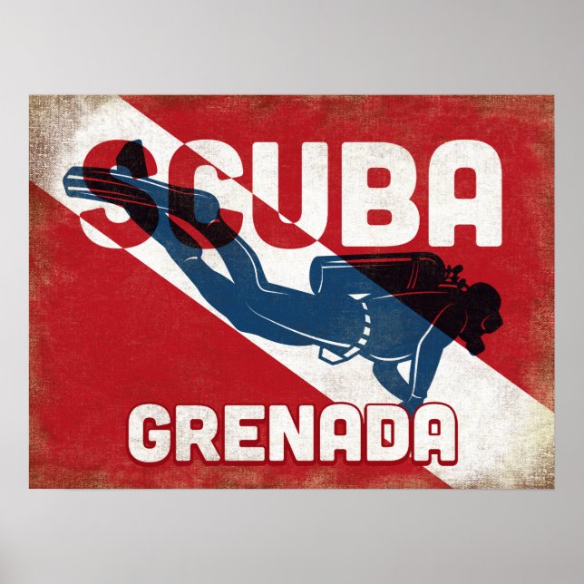 Poster Mergulhador Grenada Scuba - Retro Azul (Frente)