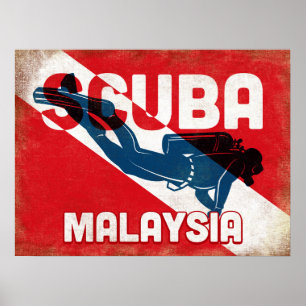 Poster Mergulhador Malásia - Retro Azul