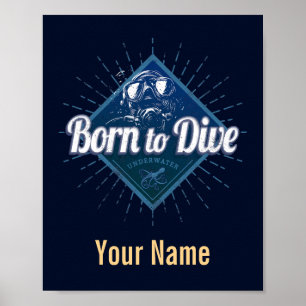 Poster Mergulhador Retro Scuba Mergulhando Escola Oceano