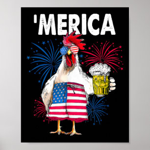 Poster Merica Funny Chicken Com Cerveja Usa Bandeira Amer