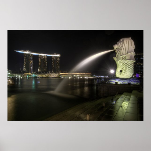 Pôster Merlion ao longo do rio Cingapura Marina à noite (Frente)