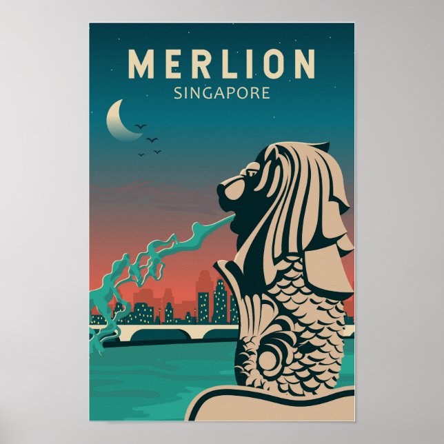 Poster Merlion Singapore Viagem Vintage Art (Frente)