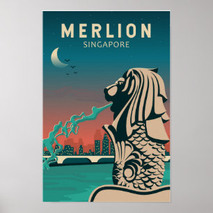 Poster Merlion Singapura Viagem Arte Vintage