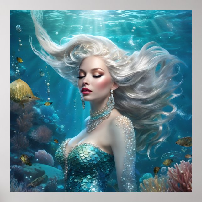 Poster Mermaid Silver Hair Turquoise Ocean (Frente)