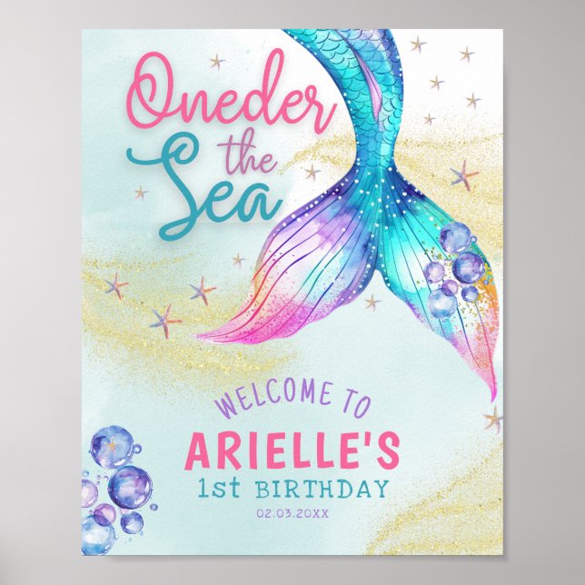 Poster Mermaid Tail Onder the sea 1st birthday Welcome (Frente)