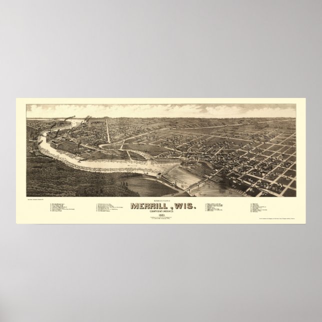Poster Merrill, Mapa Panorâmico da WI - 1883 (Frente)
