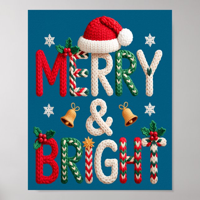 Poster Merry &amp; Bright Christmas Santa Hat Crochet Kni (Frente)