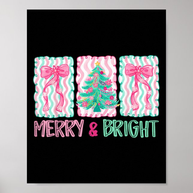 Poster Merry &amp; Bright Coquette Preppy Bow Xmas Tree W (Frente)