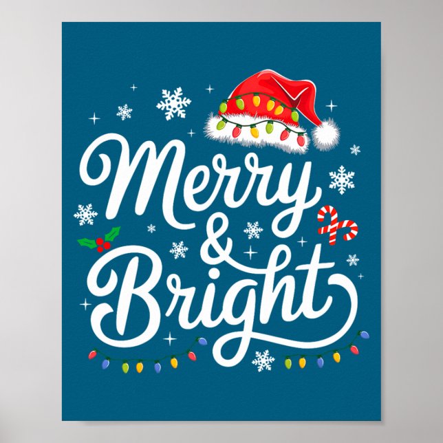 Poster Merry And Bright Red Santa Hat Xmas Lights Holiday (Frente)