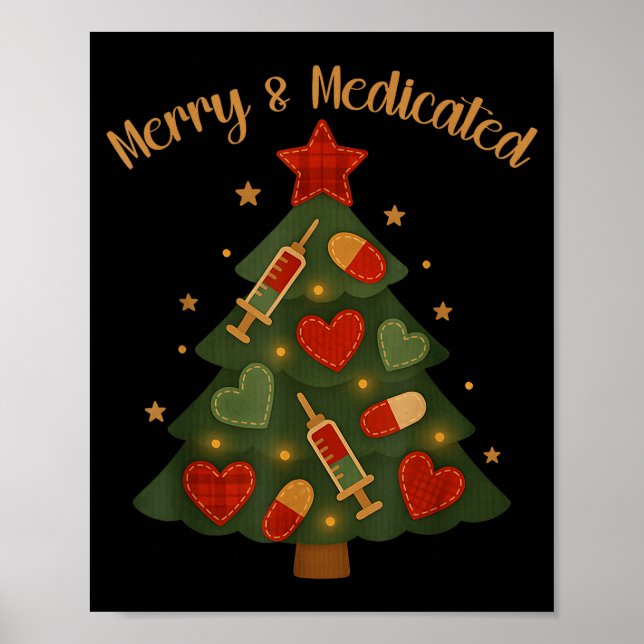 Poster Merry And Medicated Rn Nurse Christmas Tree Funny  (Frente)