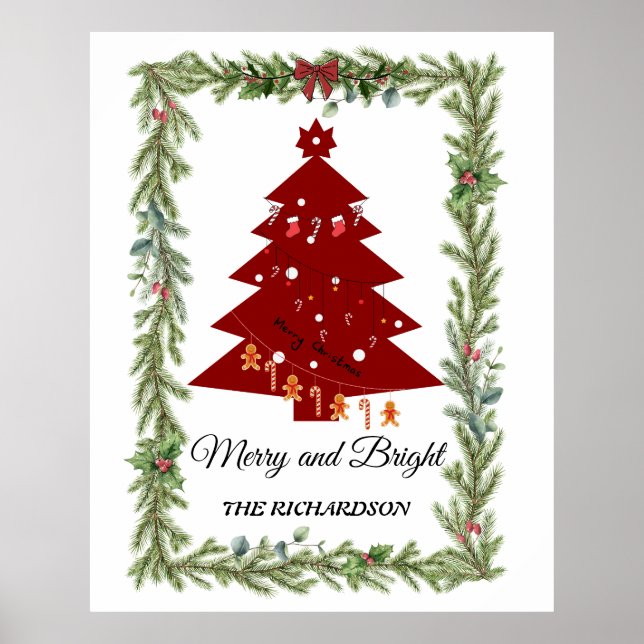 Poster Merry & Bright Modern Red Christmas Tree & Script (Frente)