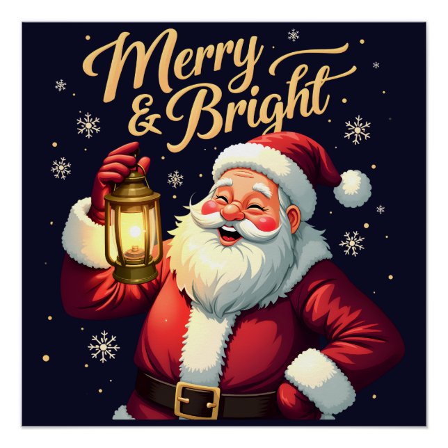 Pôster Merry Bright Santa Holding Lantern Illustration (Frente)