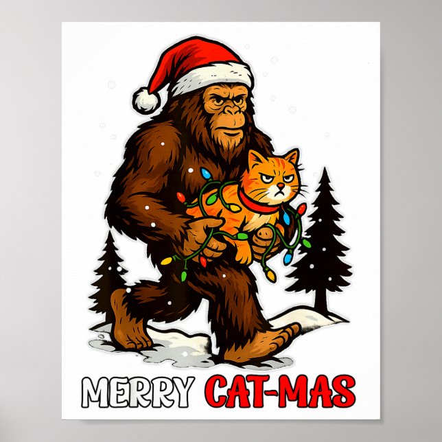 Poster Merry Catmas Bigfoot And Lights Santa Hat Funny Ca (Frente)
