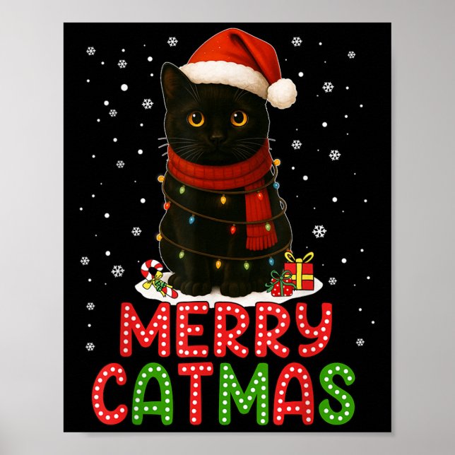 Poster Merry Catmas Santa Hat Funny Black Cat Christmas W (Frente)